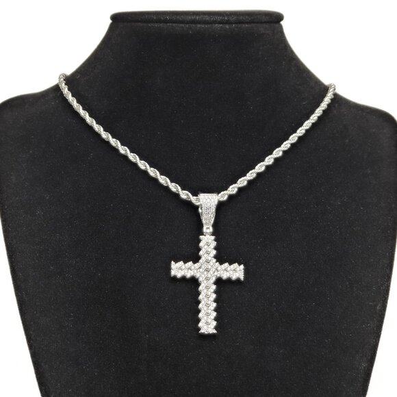 20" Womens 2ct Diamond 14K White Gold Rope Chain Cross Necklace Silver Jewelry - Picture 2 of 8